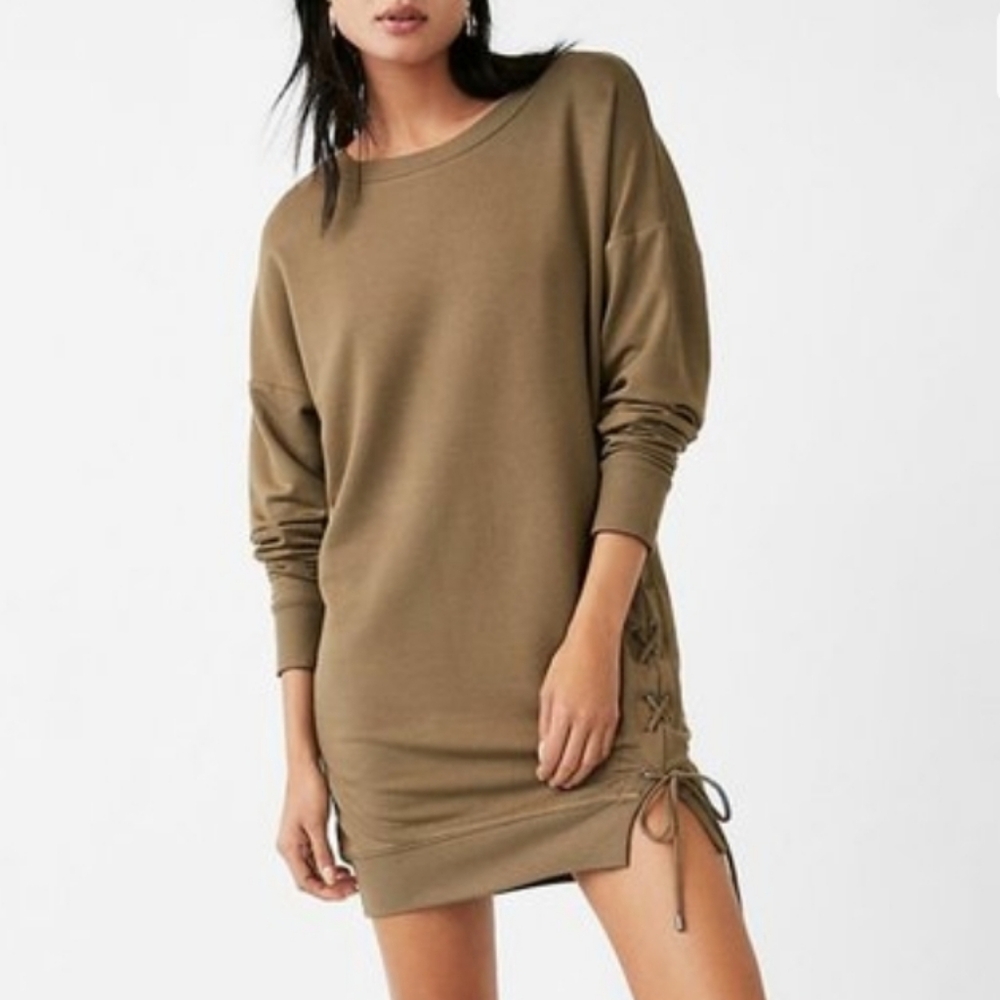 NWT Express one eleven lace-up sweatshirt dress Olive M